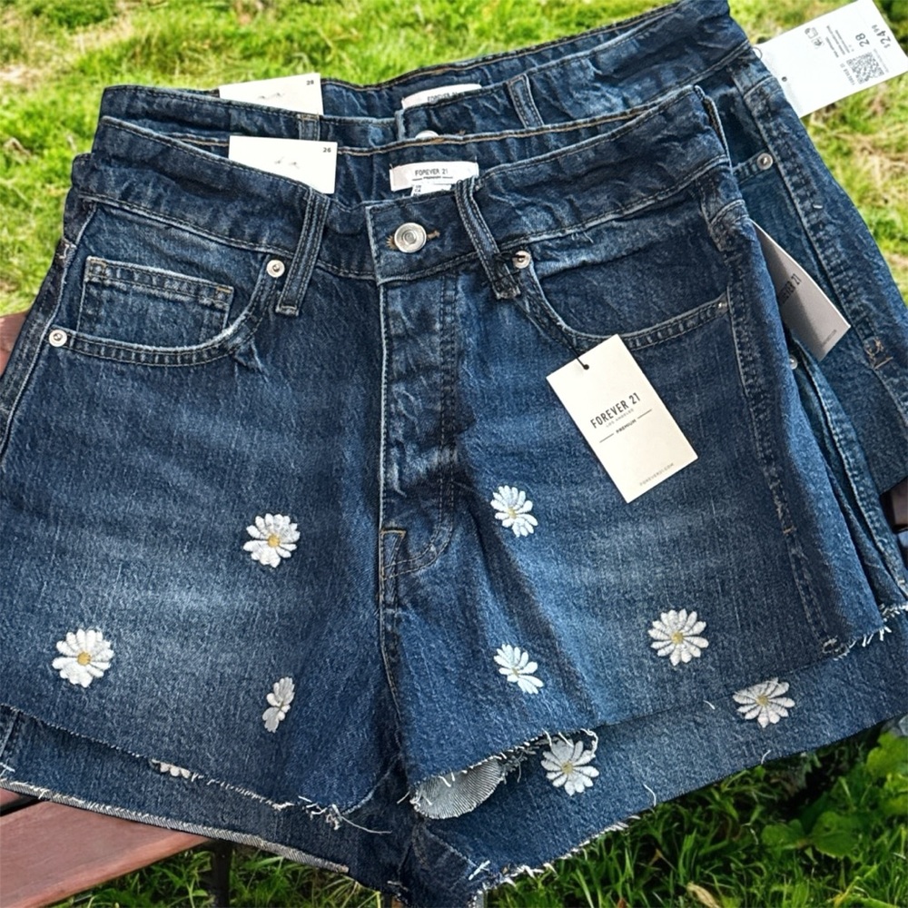 Forever 21 Blue Denim Shorts with Daisy Embroidery